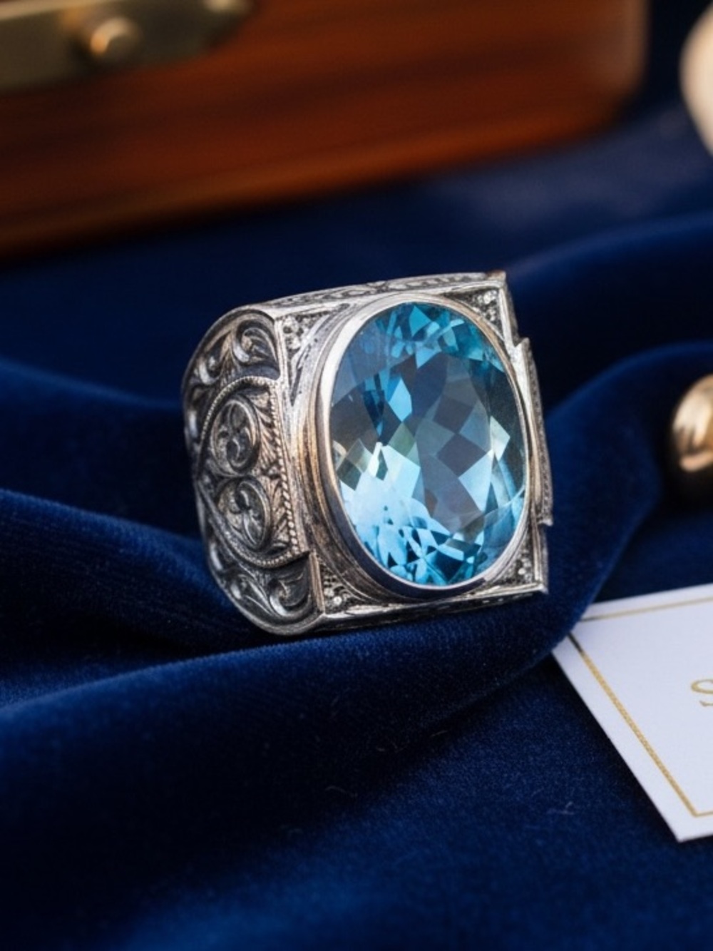 Artisan, Boho, Vintage Style Ottoman Style 925 Sterling Silver Aquamarine Ring - Picture 3 of 6